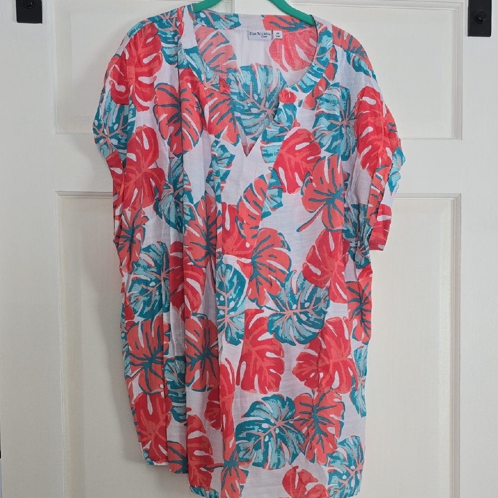 Erin London Red and Green Leaf Print Blouse